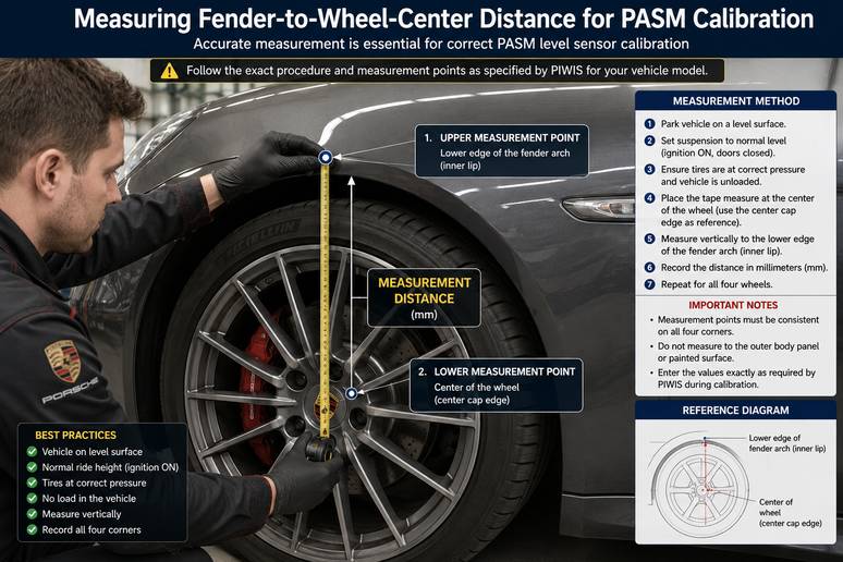Manual measurement of wheel-center-to-fender distance on a Porsche vehicle for PASM level calibration