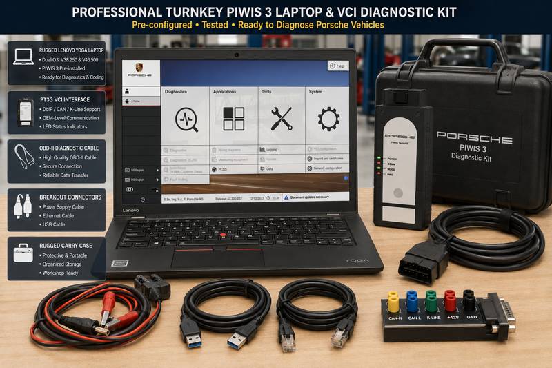 Pre-configured Porsche PIWIS 3 diagnostic laptop bundle including PT3G VCI and OBD connection cables