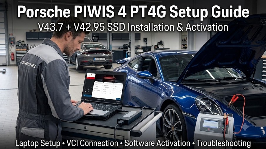 Technician using Porsche PIWIS 4 PT4G VCI with Panasonic CF54 and V43.7 V42.95 diagnostic software