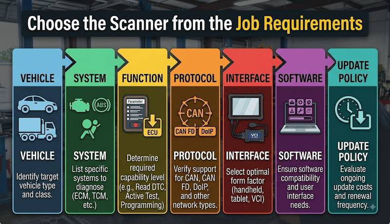 Professional workflow for selecting an OBD2 diagnostic scanner
