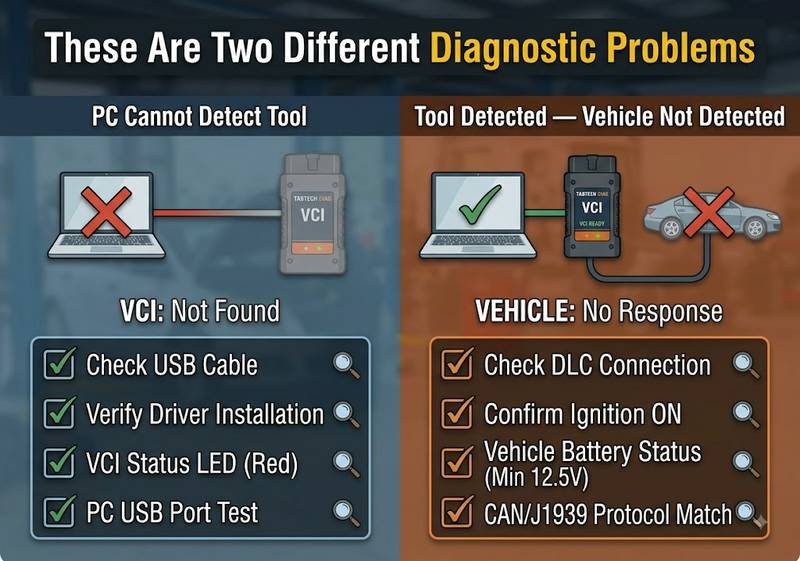 Difference between diagnostic VCI not detected by computer and no vehicle communication