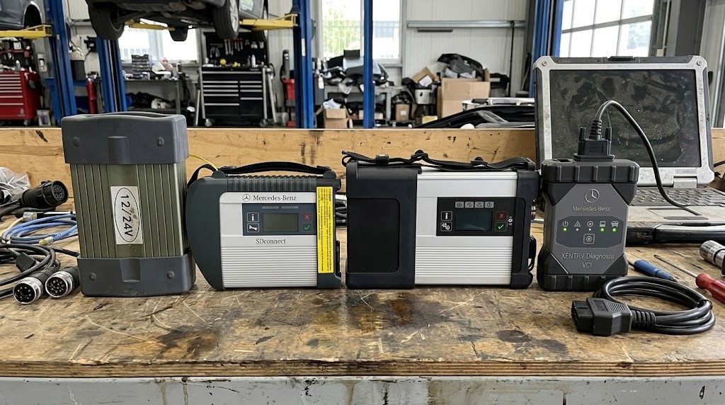 Side-by-side comparison of Mercedes MB Star C3, SD Connect C4, C5, and Xentry VCI C6 multiplexers