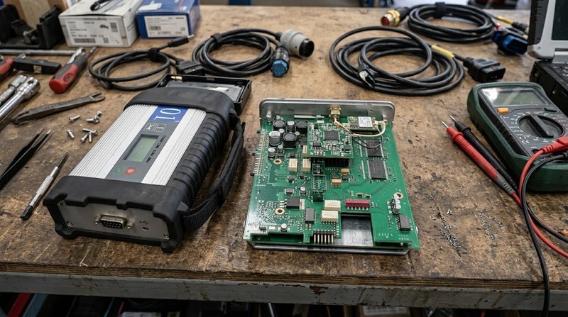 Internal PCB board of an SD Connect C4 showing DoIP network card and Wi-Fi module